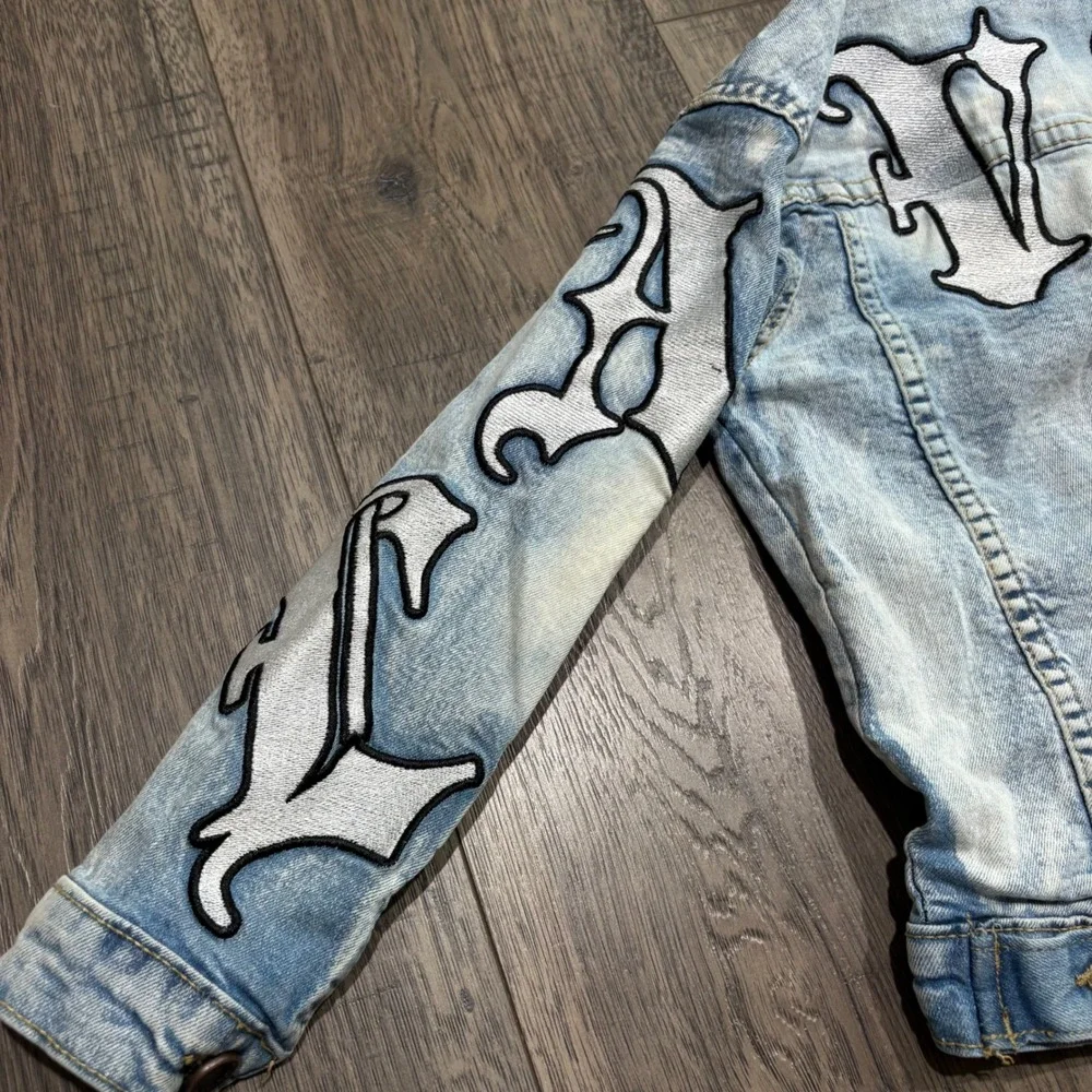 Evolution In Design‎ Denim Jacket Kids Size 5 Blue Gothic Patch Distressed